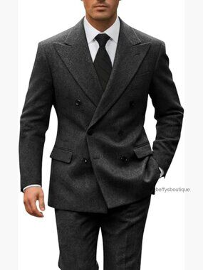 Slim Fit Double Breasted Tweed Suit Set for Formal Occasions